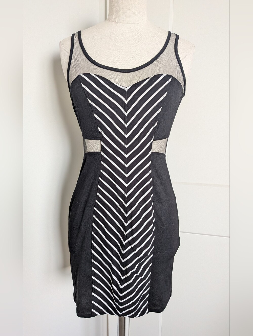 Sweetaeacia Black White Stripe Panel Mesh Bodycon Dress AU 8 US 4